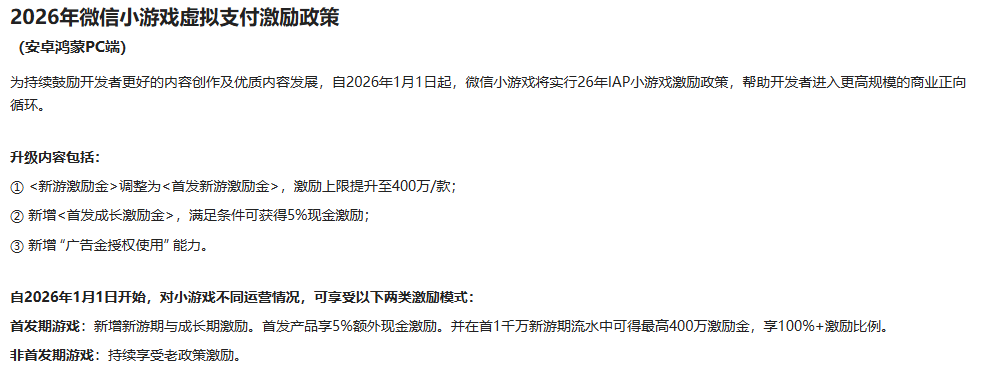 微信小游戏2026年IAP激励新政落地：首发新游最高享400万激励金