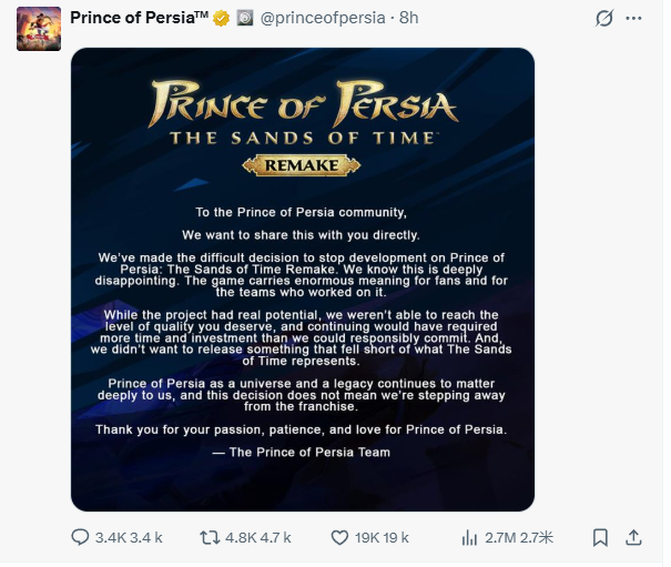 育碧启动重大战略重组 6款游戏取消含《波斯王子》重制版