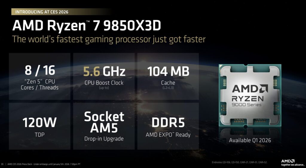AMD在CES 2026发布锐龙7 9850X3D处理器 游戏性能大幅提升