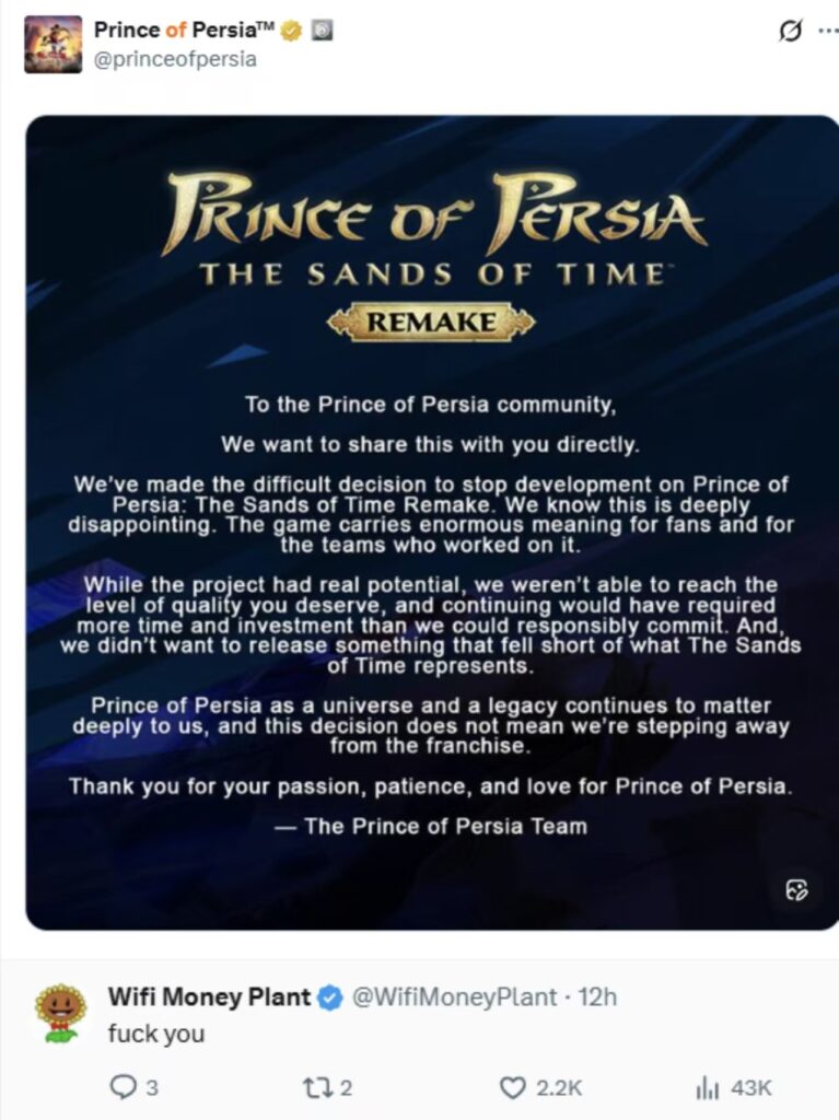 育碧内部大洗牌：《波斯王子：时之沙》重制版取消，6款游戏砍掉7款延期