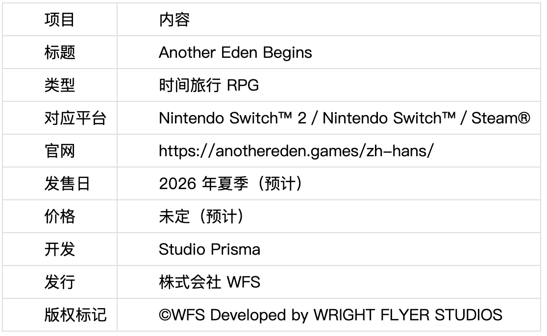 WFS新作 RPG《Another Eden Begins》将于 2026 年夏季全球同步发售！