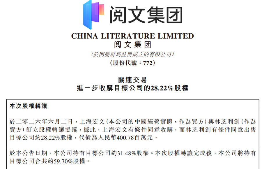 阅文4亿元收购腾讯手中艺画开天剩余股份 腾讯完全退出